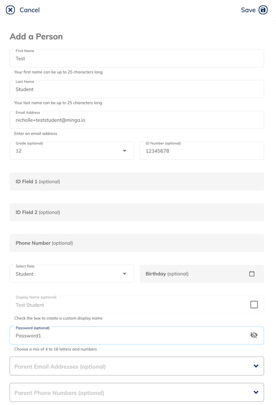 Creating a Test Student in Minga